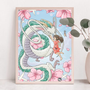 A teal and white Japanese-style dragon is flying in the air, comforted by a young brunette girl in traditional garb. They are surrounded by pink flowers, messenger spirits and soot sprites.