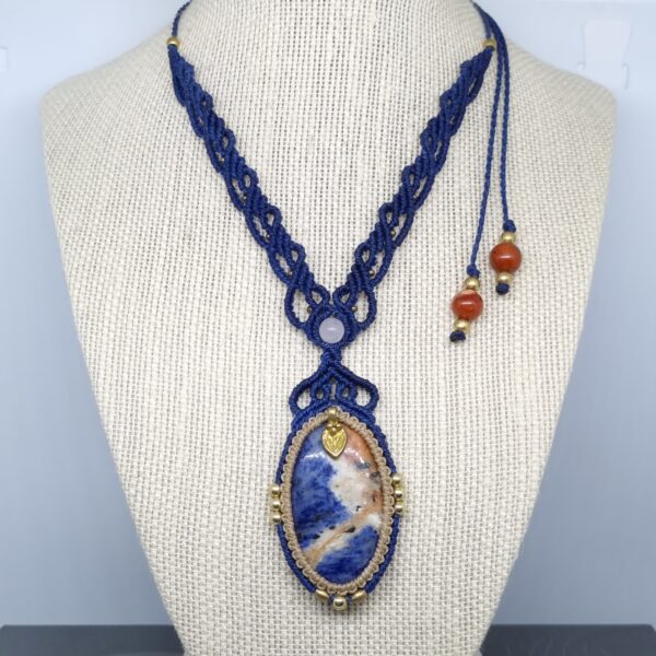 Navy Blue and Vanilla macrame cabochon necklaceby Athenas Owl Healing Creations