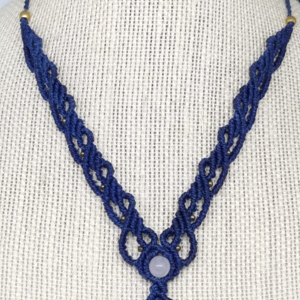 Navy Blue and Vanilla macrame cabochon necklaceby Athenas Owl Healing Creations - Image 4