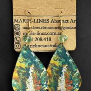 Large green, orange and white teardrop earring with fluorite