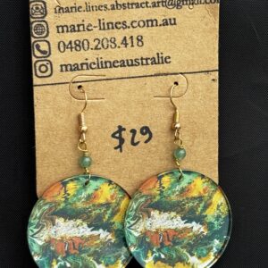 Large green, orange and white round earrings with fluorite