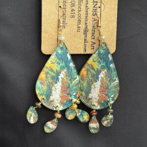 Large green, orange and white teardrop earrings, with 3 dangling tiny teardrops