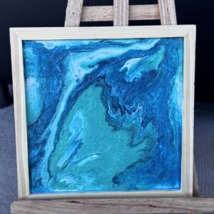 "Colourful waves in the shades of blue, green and white" 22x22cm with a wooden frame