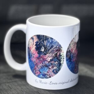 Art mug featuring a print of Marie-Line's “Colourful Waves in the shades of blue and pink”