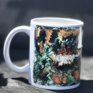 Art mug featuring a print of Marie-Line's “Colourful Waves in the shades of green, orange and white”