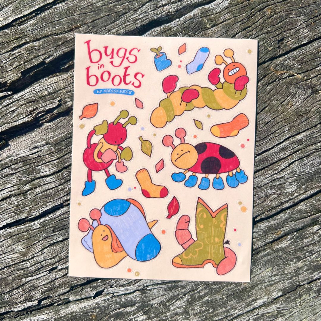 Bugs in Boots! Sticker Sheet by Messy.Beee - in.cube8r