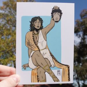 digital illustration depicting Medusa holding Perseus' head