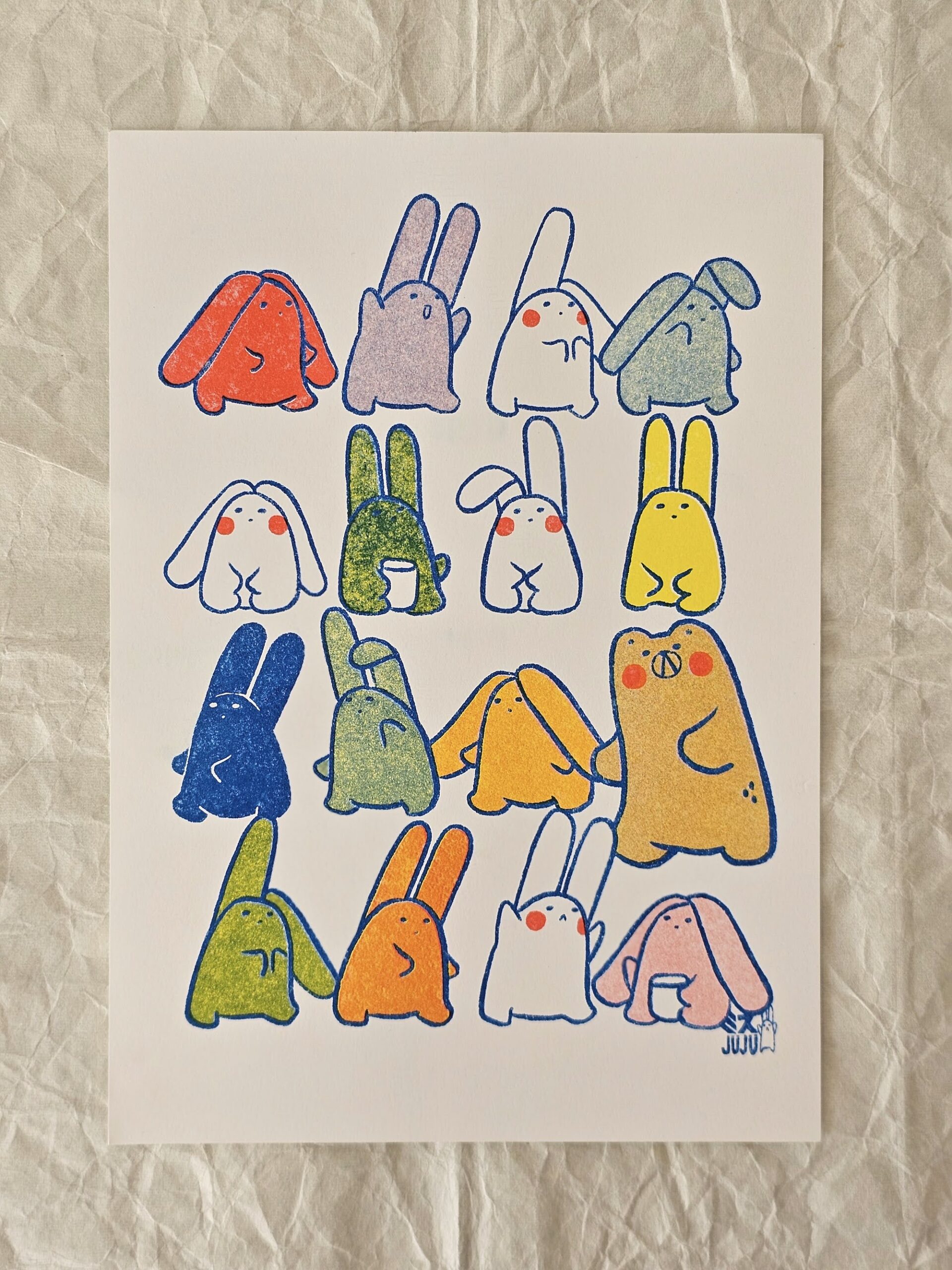 Technicolour Bunnies Riso Print by Misu Juju Technicolour Bunnies Riso Print by Misu Juju