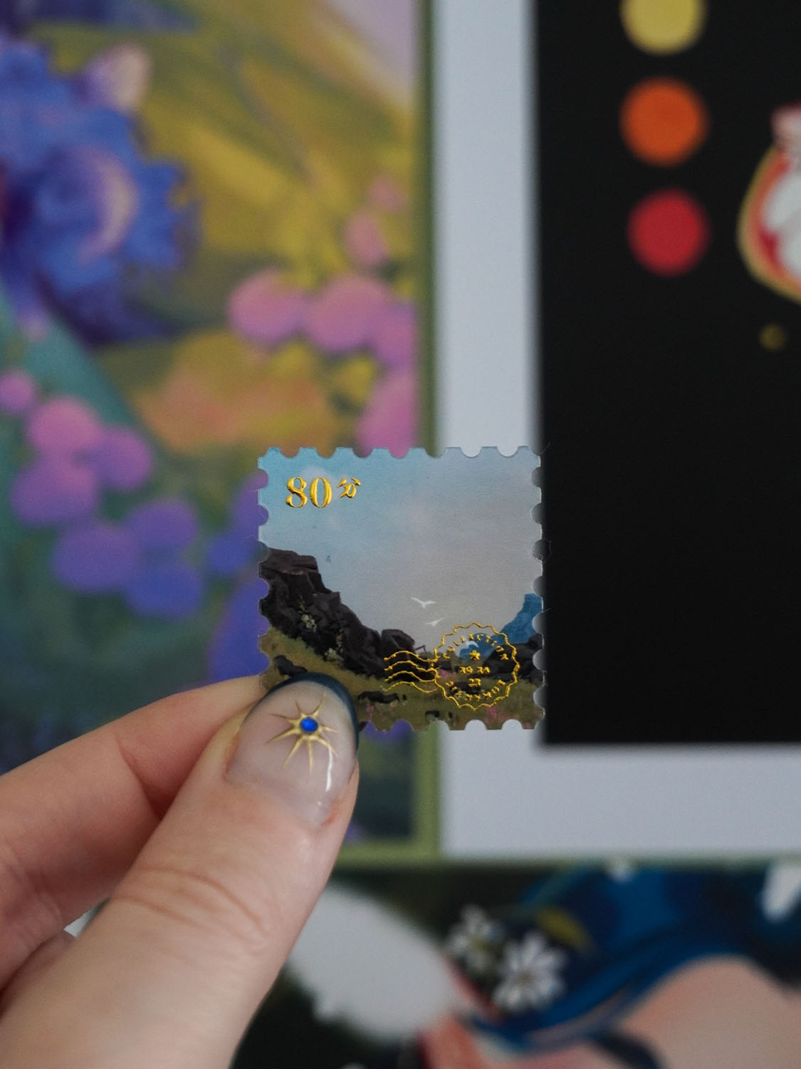 Mini Traveller: Foil stamp stickers by Vauliys Grassy field view sticker in the shape of a stamp with gold foil accents