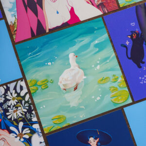 A square art print of a goose swimming in the water with lilypads.