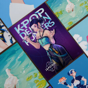 A6 purple art print of Zoey from KPop Demon holding a microphone. Graphics in the background include the KPop Demon Hunters & Huntrix Logo.