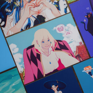 A6 art print of a blonde haired mail wearing a white collared blouse and a pink and black diamond patterned jacket hanging off his shoulders. Speech bubbles with the text "Wait a bit before you head back outside." "Kay" "That's my girl."