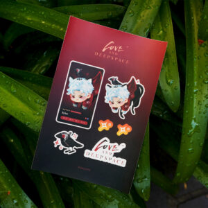 Stickersheet containing 6 stickers, some featuring the beloved characters Sylus & Mephisto from Love and Deepspace, dressed up as cats.