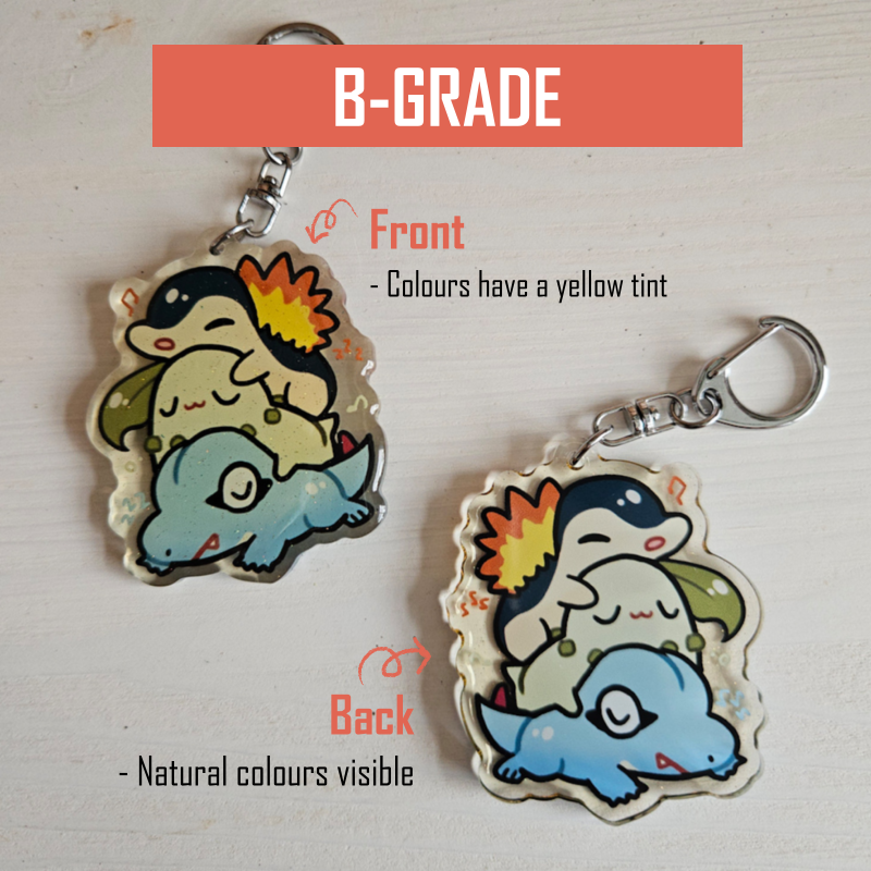 Pokemon Starters Acrylic Charms (B-Grade) by Nautilics A photo showing an example of the B-grade yellowed epoxy on one of the Pokemon acrylic charms. It shows both the front and back sides of a single charm. Text in the image reads: Front - Colours have a yellow tint. Back - Natural colours visible.