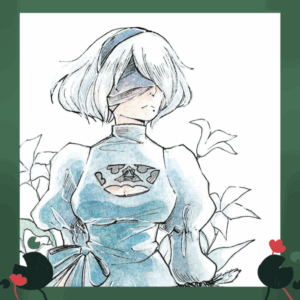 A closeup of a watercolour illustration of the character 2B from the game Nier: Automata, framed in a green border with lily pads.
