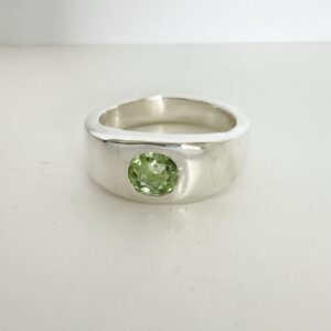 Chunky sterling silver mens pinky ring set with a green tourmaline