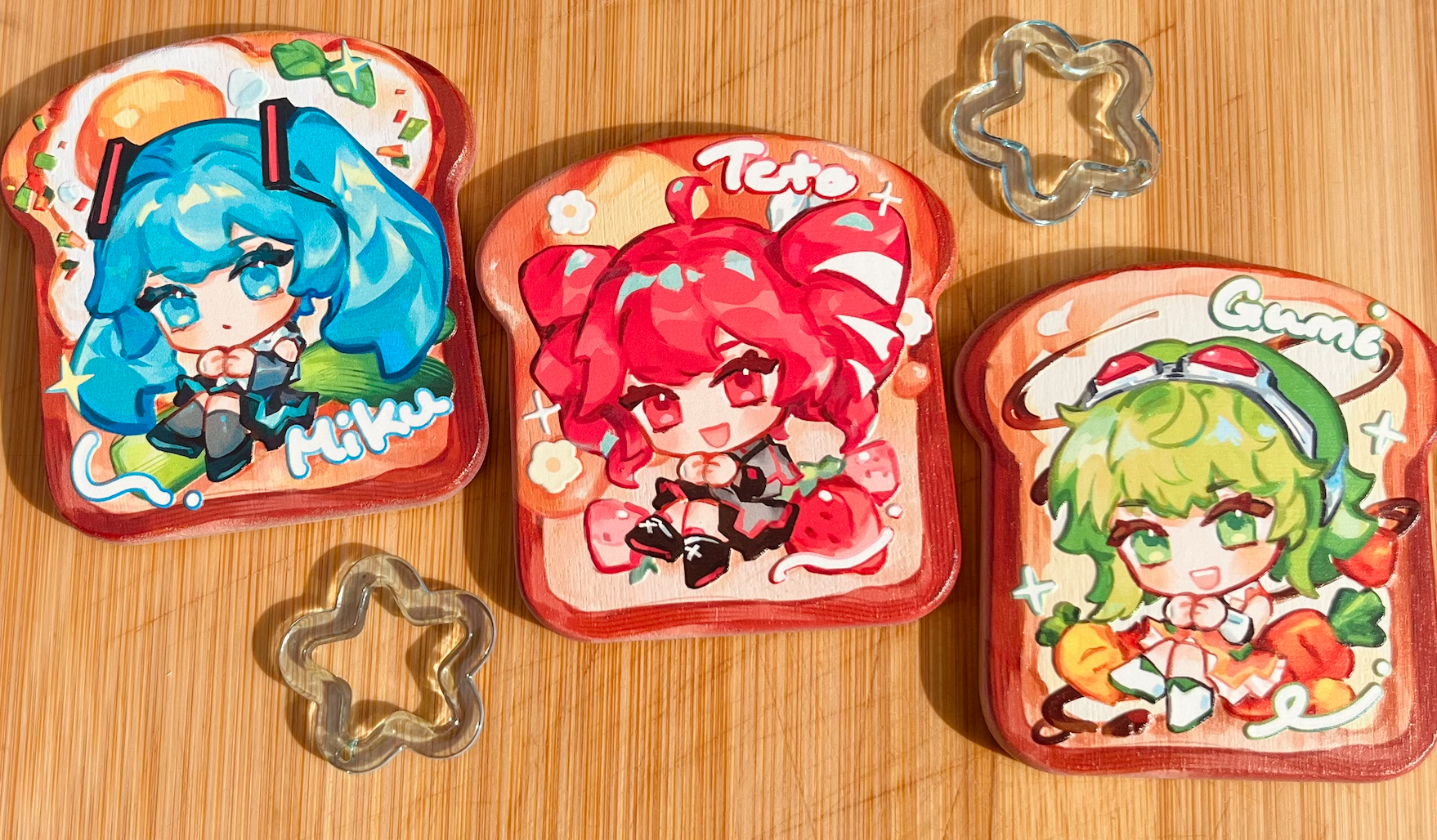 Miku, Teto and Gumi Embossed Wood Badges by Gallu_illust Miku, Teto and Gumi Embossed Wood Badges by Gallu_illust