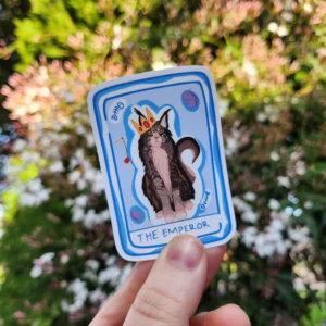Bring some feline wisdom and a touch of tarot magic to your belongings with this adorable cat tarot card sticker! Featuring a regal cat embodying “The Emperor” card, complete with a crown and charming details, this sticker is perfect for tarot enthusiasts and cat lovers alike. Personalize your journals, planners, laptops, water bottles, and more with this mystical, playful design.