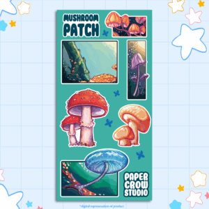 image displaying digital representation of a tall stickersheet featuring mushrooms