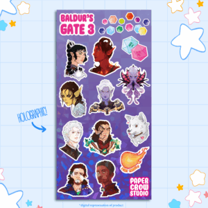image displaying digital representation of a tall stickersheet featuring a variety of BG3 characters with a holo finish