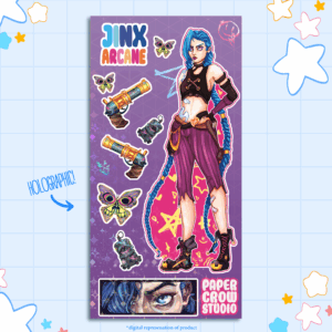 image displaying digital representation of a tall stickersheet featuring Jinx and accessories/smaller sticker with a holo finish