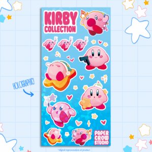 image displaying digital representation of a tall stickersheet featuring a variety of kirbys with a holo finish