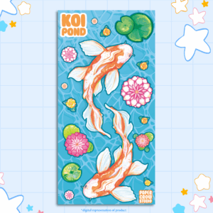 image displaying digital representation of a tall stickersheet featuring koi fish ina pond with a gloss finish