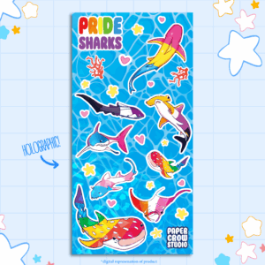 image displaying digital representation of a tall stickersheet featuring a variety of sharks and a manta ray with different pride flag colours