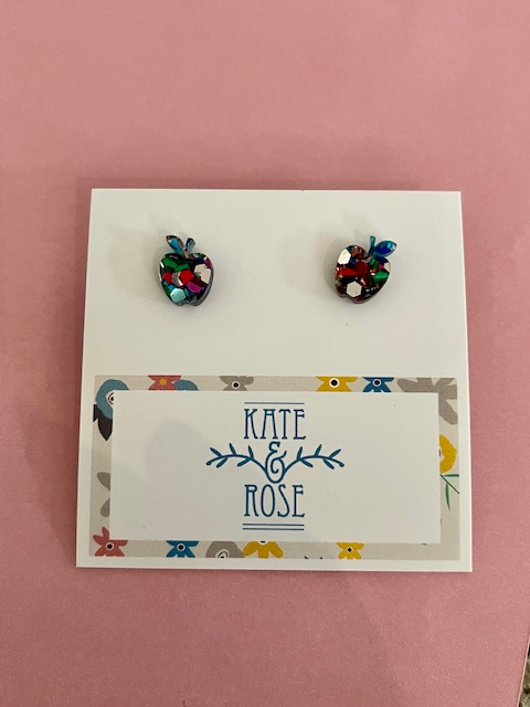 Acrylic rainbow apple studs by Kate and Rose Rainbow glitter apple studs by Kate & Rose